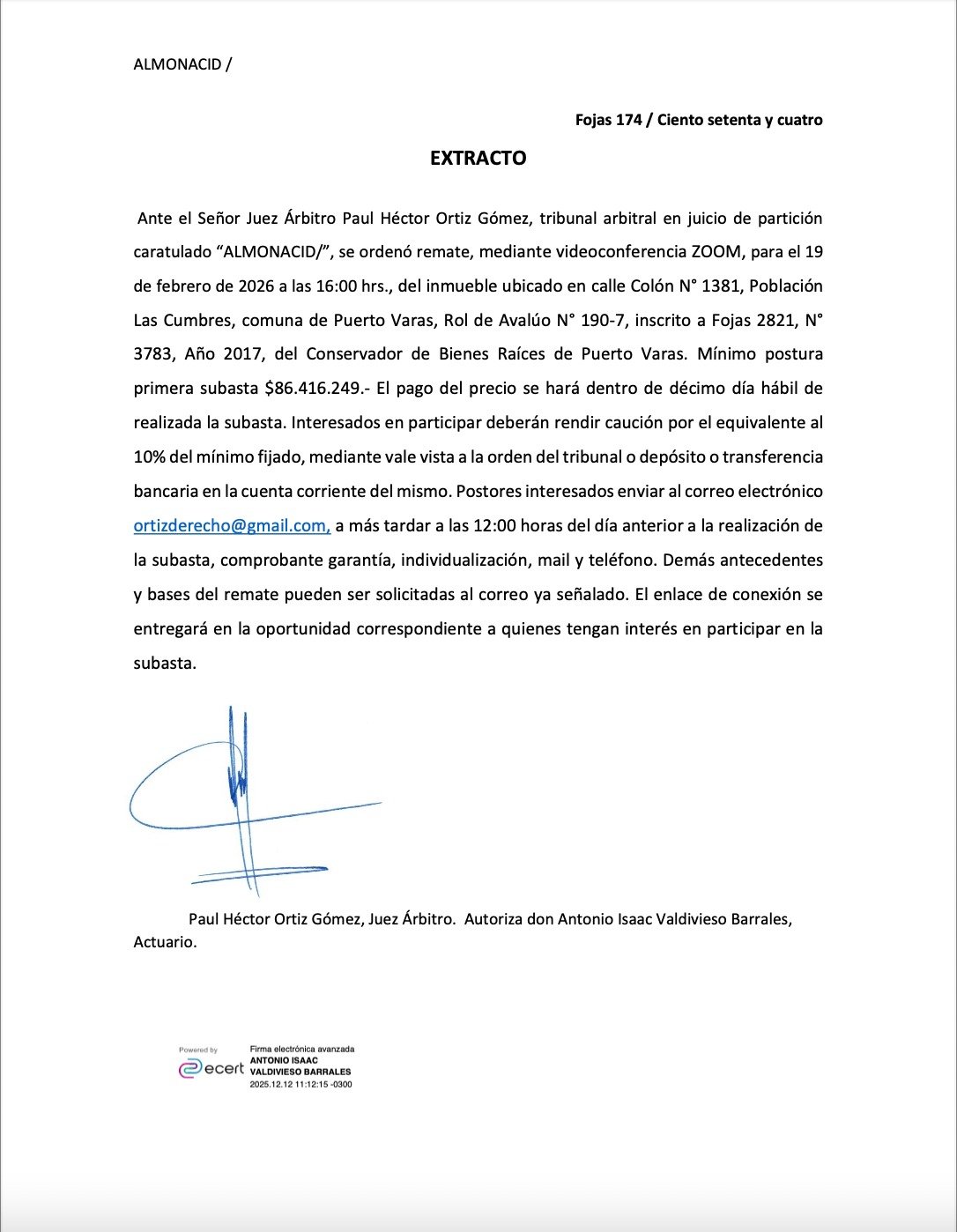 Aviso Legal: Fojas 174 Extracto - Diario Puerto Varas 